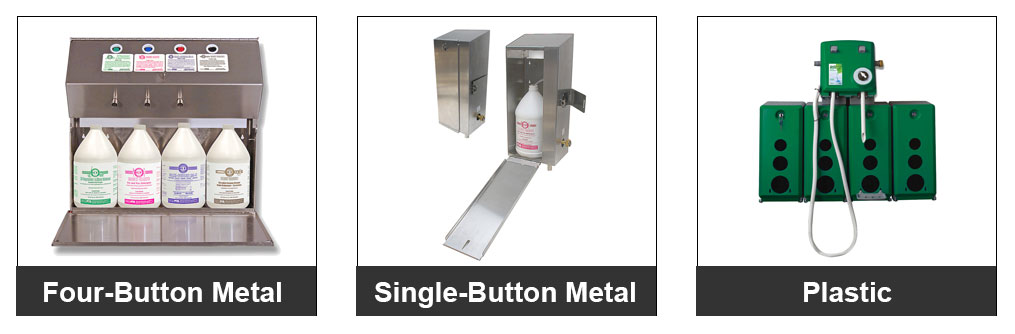 Left to right: Four Button Metal Dispensers, Single Button Metal Dispensers, and Plastic Dispensers